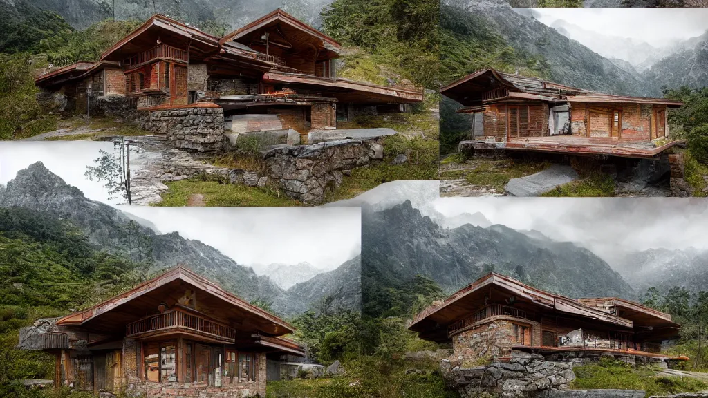 Prompt: Exterior photographs of a mountain house design, by Juan Carlos Calderón, by Freddy Mamani, Architectural photography, cinematic photography, rainy atmosphere, high resolution 4k