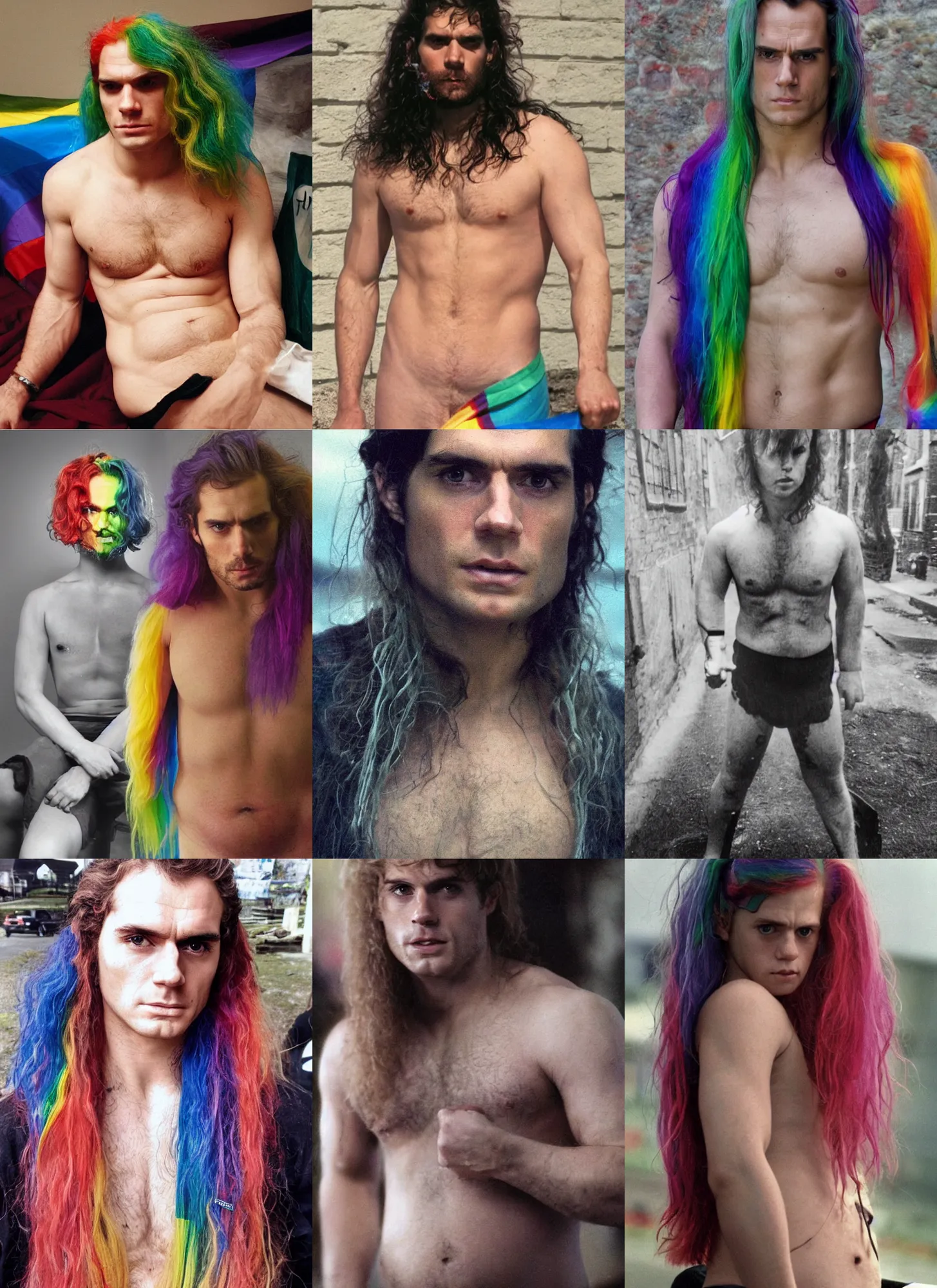 Prompt: anorexic!!! henry cavill chess champion long haired rainbow colored hair lgbt rainbow haired obese dirty trans wearing diapers, looking at the camera, medium shot, fat belly, trip to legnica, very realistic film still, natural