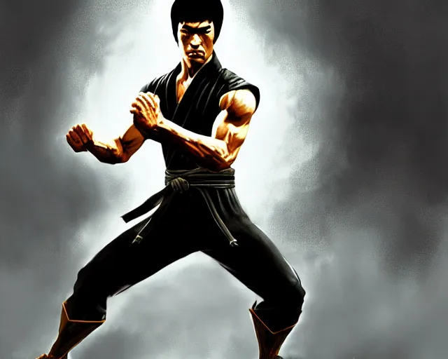 Image similar to a gaming screenshot still portrait of bruce lee in mortal kombat, deep focus, d & d, fantasy, intricate, elegant, highly detailed, digital painting, artstation, concept art, matte, sharp focus, illustration, dark fantasy style art, hearthstone, art by artgerm and greg rutkowski and alphonse mucha