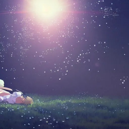 Image similar to several tiny fairies shown as balls of light clustered around the sleeping body of a young boy. By Makoto shinkai. WLOP. Masterpiece.