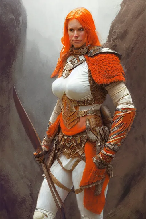 Image similar to full - body portrait of a ranger, female, white and orange breastplate, magical, high fantasy, d & d, by donato giancola, craig mullins, jeremy mann, face details, extremely detailed, digital illustration