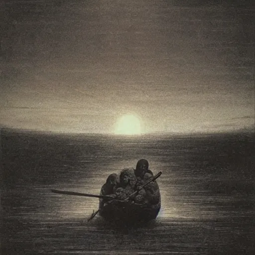 Prompt: “ charon, boatman of the river styx, ferrying deceased souls across the river and into the underworld, beksinski ”