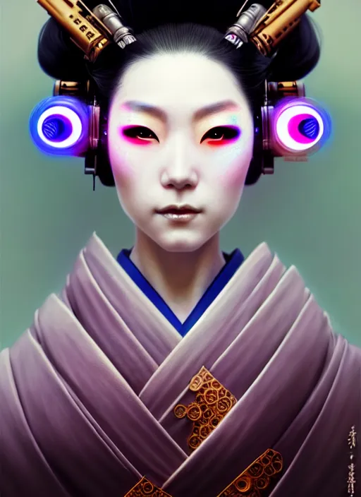 Image similar to beautiful japanese geisha wearing vr eyepiece, robotic, android, cyborg, cyberpunk face, steampunk, fantasy, intricate, elegant, highly detailed, colorful, vivid color, digital painting, cinematic lighting, artstation, concept art, art by artgerm and greg rutkowski and ruan jia,