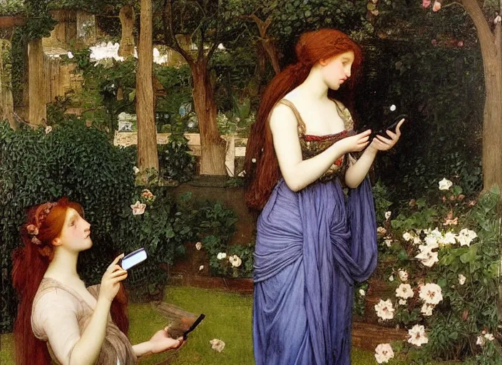 Image similar to a very very very colorful Pre-Raphaelite painting of two smiling women in a lush garden brushing their hair, holding iPhones, by Waterhouse