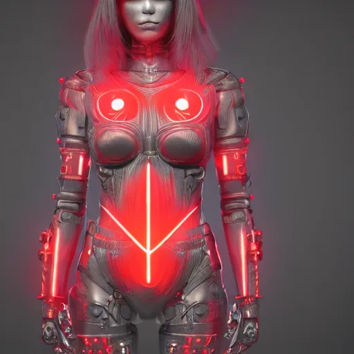 Prompt: cybernetic female warrior with glowing red heaphones and glowing red intricate sigils of death covering her body, intricate detail, finely detailed, small details, extra detail, trending on artstation, high resolution, 3D