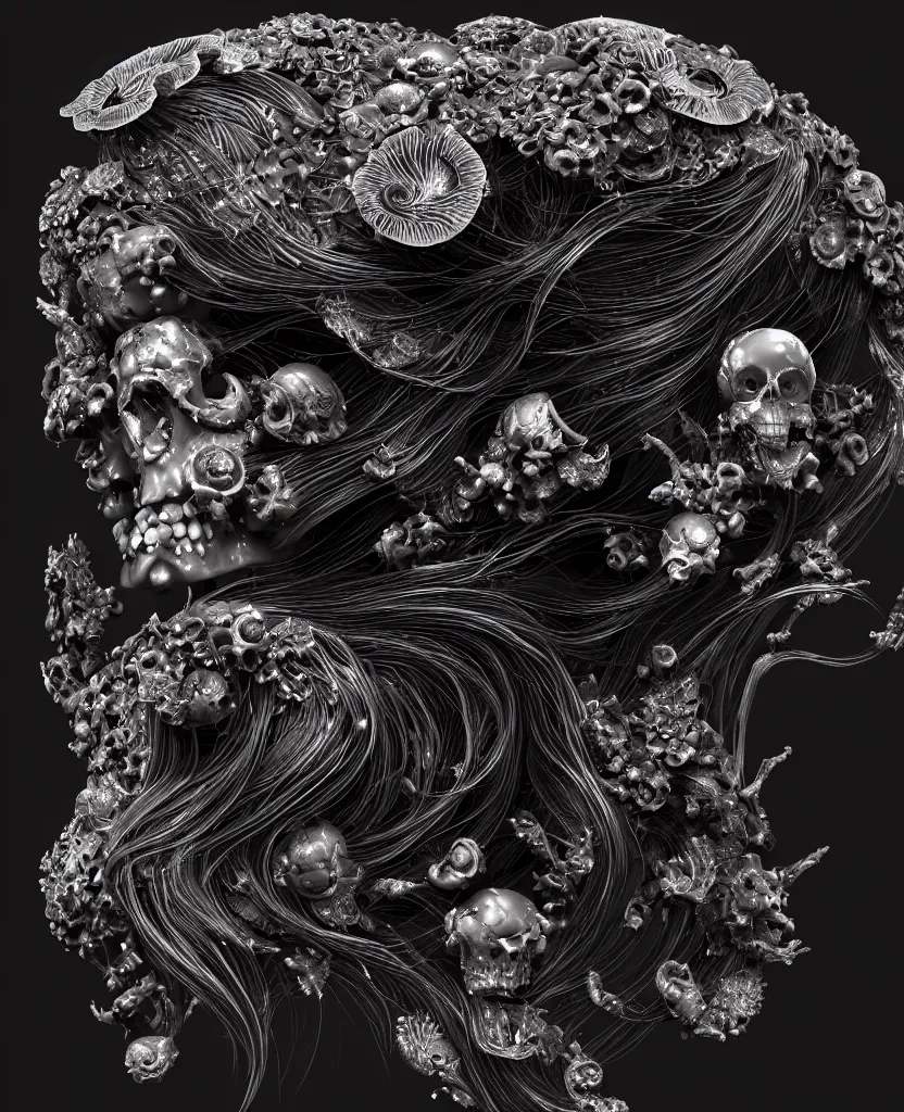 Image similar to fully black background. background hex 000000. goddess princess face close-up portrait ram skull. old metal bas relief. jellyfish phoenix head, nautilus, orchid, skull, betta fish, bioluminiscent creatures, intricate artwork by Tooth Wu and wlop and beeple. octane render, trending on artstation, greg rutkowski very coherent symmetrical artwork. cinematic, hyper realism, high detail, octane render, 8k