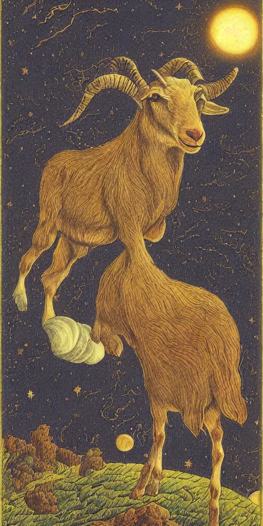 Prompt: tarot card of a goat, capricorn envisioned by johfra bosschart sky realistic stormcloud with glimpses of flares