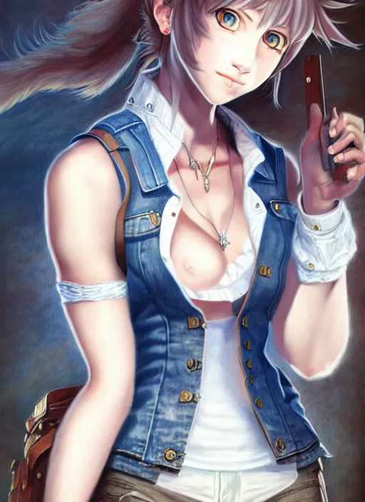 Image similar to a portrait of catgirl wearing white vest, and denim shorts an ultrafine detailed painting, detailed painting, boris valejo. octopath traveler