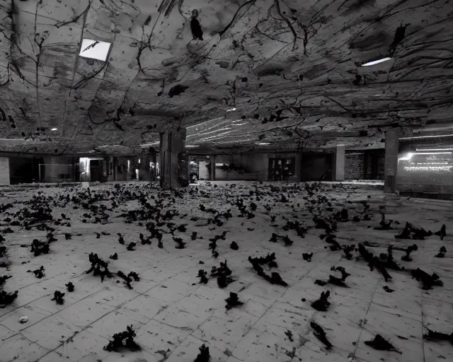 Prompt: camera footage of a Hundreds of Rabid Zerglings in an abandoned shopping mall, high exposure, dark, monochrome, camera, Unreal engine 5, grainy, CCTV, security camera footage, timestamp, zoomed in, fish-eye lens, Evil, Zerg, Brood Spreading, horrifying, lunging at camera :4