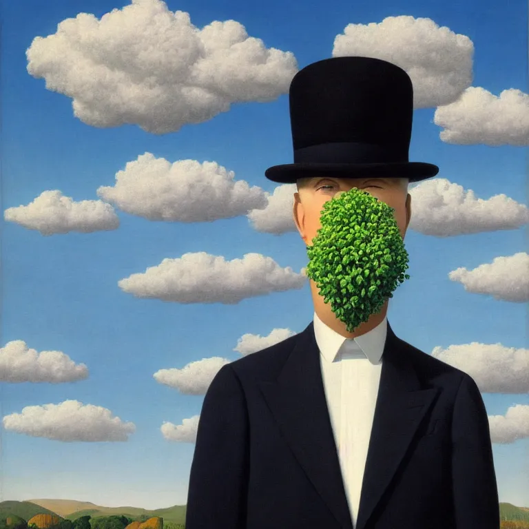 Image similar to portrait of a faceless masked - head man in a suit, clouds and nature landscape in the background, by rene magritte, detailed painting, distance, centered, hd, hq, high resolution, high detail, 4 k, 8 k