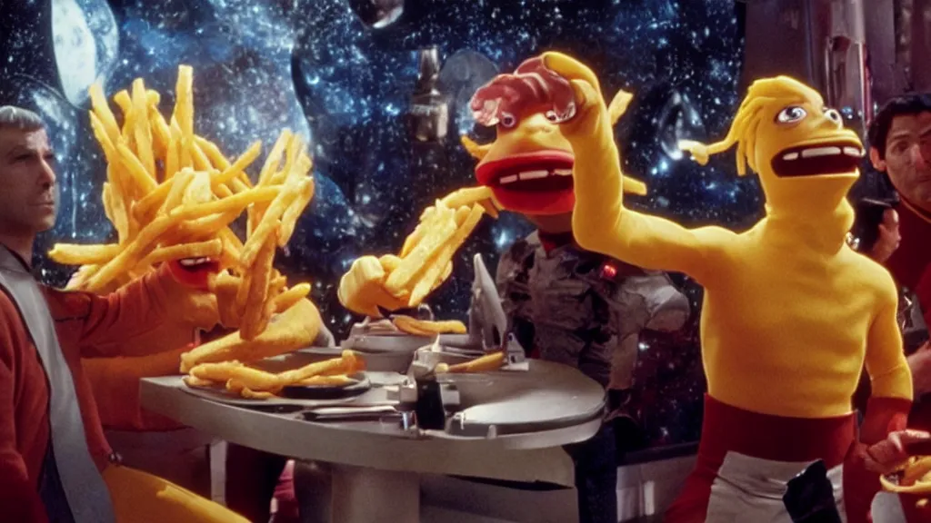 Prompt: french fry monster fighting Star Trek Characters, film still from the movie directed by Denis Villeneuve with art direction by Salvador Dalí, wide lens