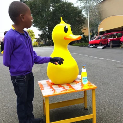 Image similar to a yellow human sized duck standing next to a children's lemonade stand