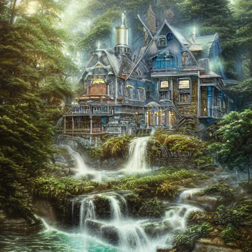 Image similar to water elemental mansion, watery aspect on everything,architecture photography,Studio Ghibli,color grading and detail showcase,insanely detailed painting by james gurney
