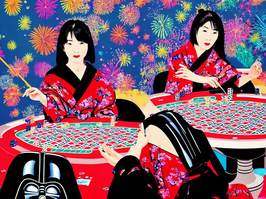 Image similar to hyperrealistim composition of the detailed single woman in a japanese kimono sitting at a extremely detailed poker table with darth vader, fireworks, river on the background, pop - art style, jacky tsai style, andy warhol style, acrylic on canvas