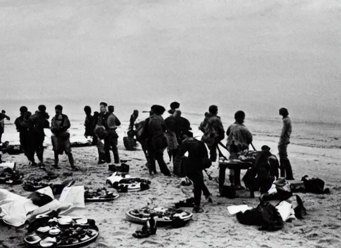 Image similar to vintage photo of a pizza party on omaha beach in normandy with explosions in the background