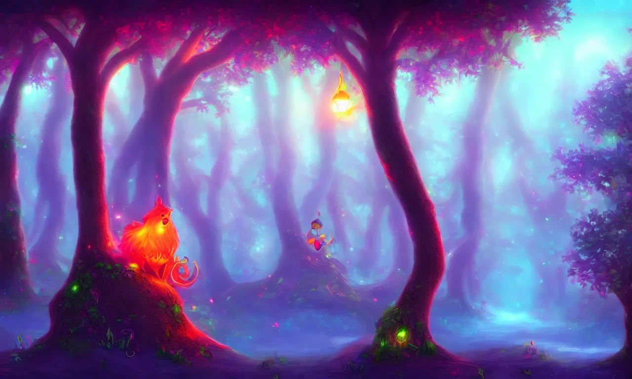 Image similar to enchanted magical forest on magical colorful fire , digital painting , digital art , artstation , devian art , 4k , HD