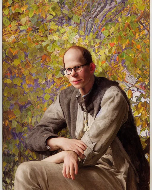 Image similar to nick bostrom, portrait painting by richard schmid, edgar maxence, kehinde wiley, thomas moran, maxfield parrish, studio ghibli, loish, alphonse mucha, fashion photography