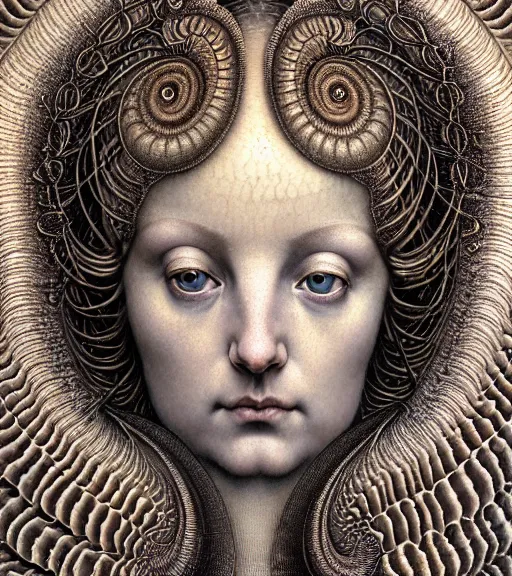 Prompt: detailed realistic beautiful ammonite goddess face portrait by jean delville, gustave dore, iris van herpen and marco mazzoni, art forms of nature by ernst haeckel, art nouveau, symbolist, visionary, gothic, neo - gothic, pre - raphaelite, fractal lace, intricate alien botanicals, biodiversity, surreality, hyperdetailed ultrasharp octane render