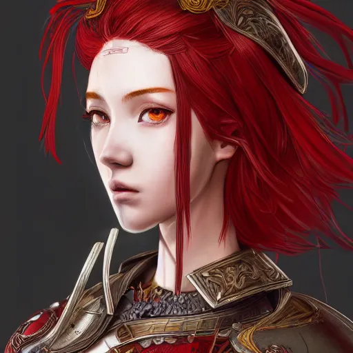 Image similar to a red haired female knight as an absurdly beautiful, elegant, young sensual anime girl, ultrafine hyperrealistic detailed face illustration by kim jung gi, irakli nadar, intricate linework, sharp focus, bright colors, matte, octopath traveler, final fantasy, unreal engine highly rendered, global illumination, radiant light, intricate environment