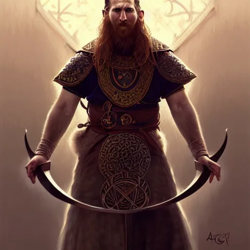 Image similar to Messi as a viking, D&D, fantasy, intricate, elegant, highly detailed, digital painting, artstation, concept art, matte, sharp focus, illustration, art by Artgerm and Greg Rutkowski and Alphonse Mucha