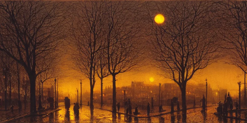 Image similar to street at sunset, highly detailed, 8K, by Atkinson Grimshaw John