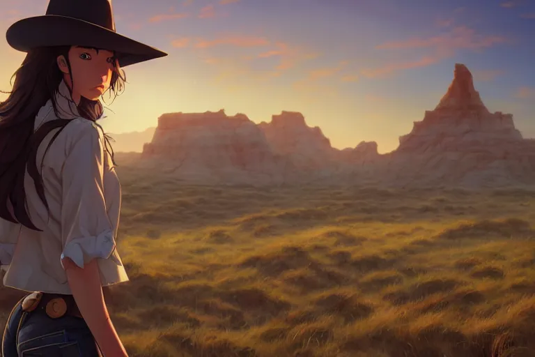 Prompt: western cowgirl in the badlands, single subject, scenic full shot, ambient lighting, detailed face, by makoto shinkai, stanley artgerm lau, wlop, rossdraws