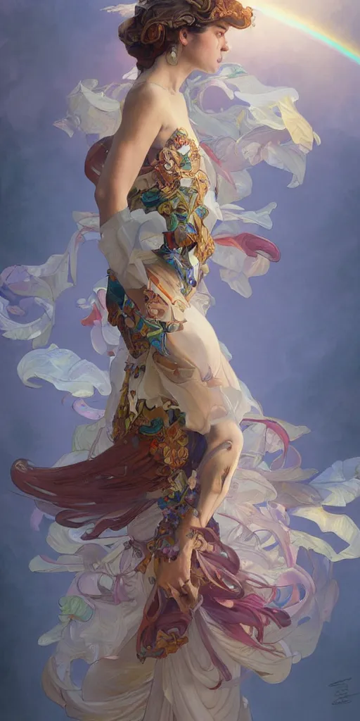 Image similar to portrait of tragedy, expressive pose, acrobatic, rainbow eyes, ornate frilly dress, fantasy, intricate, elegant, highly detailed, digital painting, artstation, concept art, smooth, sharp focus, illustration, art by artgerm and greg rutkowski and alphonse mucha, octane render