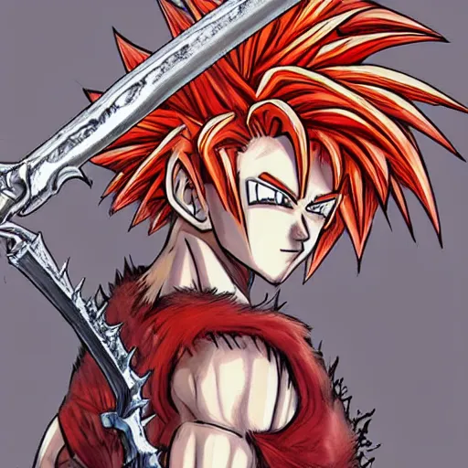 Prompt: realistic art style, ultra - detailed, saiyan girl, wild spiky red hair, long spiky hair, electrified hair, holding scimitar made of bone, scimitar, sword, jagged sword, curved sword, orkish sword, colorized, gray skin, hyper - detailed, primeval fantasy, prehistoric fantasy, drawn by frank frazetta and boris vallejo