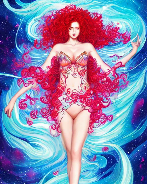 Image similar to Goddess with curly red hair floating in a sea of cosmic stars, swirling floral dress, astral flower couture, by WLOP and Artgerm, victoria's secret, deviantart, radiant light, artstation