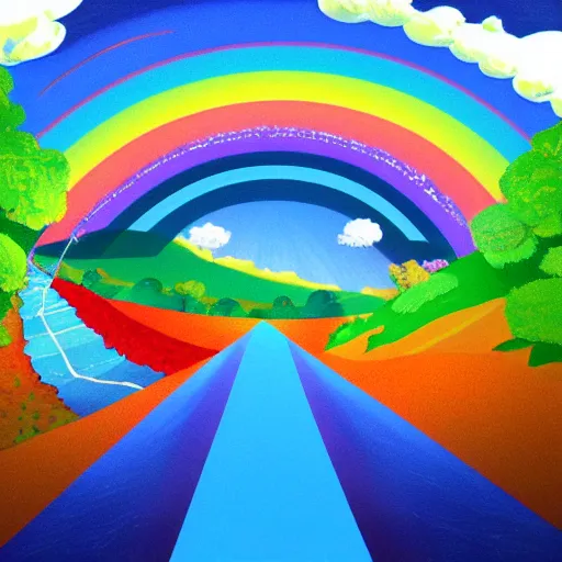 Prompt: A utopian landscape filled with rainbows, in the style of gage taylor