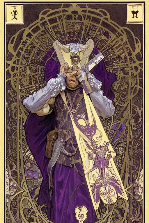 Image similar to tarot card, half - body, the devil, demon male, black and purple robes, beautiful, medieval, super detailed, ornate, by alphonse mucha, craig mullins, greg rutkowski, symmetry, 8 k, sharp focus