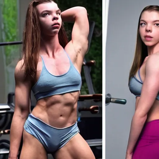 Prompt: anya taylor - joy bodybuilder fitness steroid muscular vascular jacked physique