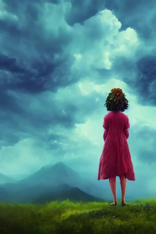 Image similar to closeup girl with giant dahlia flower as head, standing on mountain, surreal photography, blue storm clouds, dramatic light, impressionist painting, digital painting, artstation, simon stalenhag