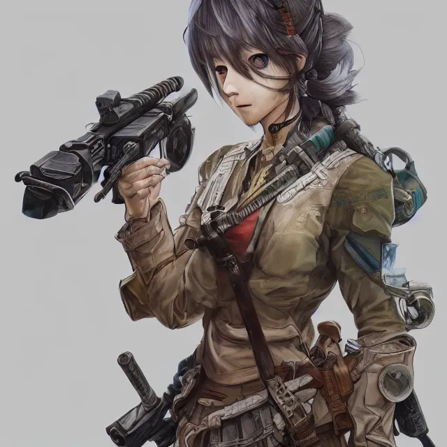 Image similar to the portrait of lawful neutral semi - colorful female infantry gunner as absurdly beautiful, gorgeous, elegant, young anime girl, an ultrafine hyperdetailed illustration by kim jung gi, irakli nadar, intricate linework, bright colors, octopath traveler, final fantasy, unreal engine 5 highly rendered, global illumination, radiant light, detailed and intricate environment