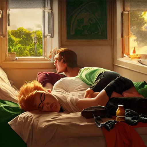 Prompt: guinness bottles and young man in orange shirt and a girl in green shirt sleeping in bed, highly detailed, digital painting, artstation, concept art, smooth, sharp focus, illustration, art by artgerm and greg rutkowski and alphonse mucha