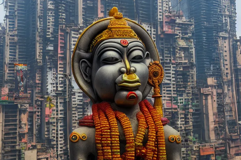 Image similar to high quality 3 d cyberpunk biomorphic hanuman head building in the middle of mumbai!!, kalighat highly detailed, cinematic smooth, stephen shore & john j. park, soft morning light, wide shot, high angle, uhd 8 k, deep focus