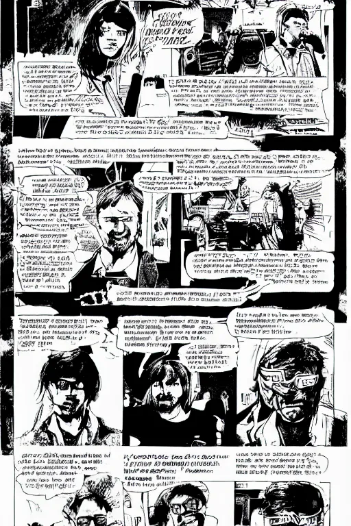 Image similar to bill gates presenting the microsoft xbox at ces 2 0 0 1, a page from cyberpunk 2 0 2 0, style of paolo parente, style of mike jackson, adam smasher, johnny silverhand, 1 9 9 0 s comic book style, white background, ink drawing, black and white