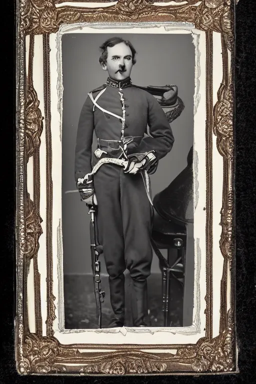 Image similar to official Portrait of a jolly victorian army officer, male, cheerful, happy, detailed face, 19th century, highly detailed, cinematic lighting, photograph, black and white