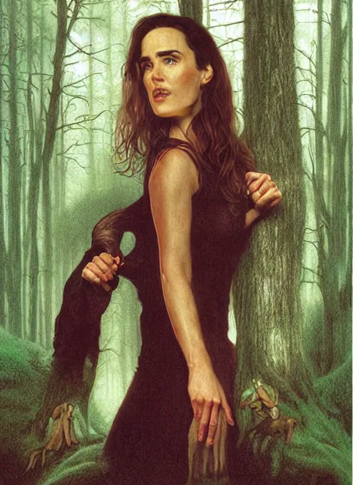 Prompt: portrait of jennifer connelly in woods looking for her friends, twin peaks poster art, from scene from twin peaks, by michael whelan, rossetti bouguereau, artgerm, retro, nostalgic, old fashioned