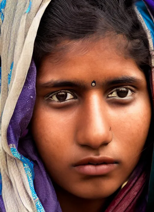 Prompt: portrait Mid-shot of an beautiful 20-year-old Indian woman, candid street portrait in the style of Martin Schoeller award winning