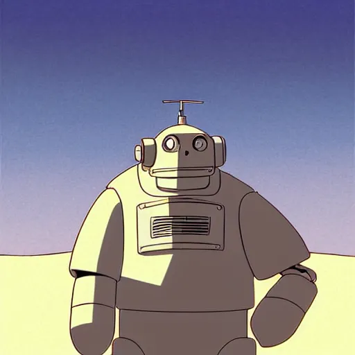 Image similar to a study of cell shaded cartoon of a grey robot st. bernard from howl's moving castle ( 2 0 0 4 ) on a desert road, full body, wide shot, very muted colors, post grunge, studio ghibli, laurie greasley, highly detailed, deviantart, art by artgem