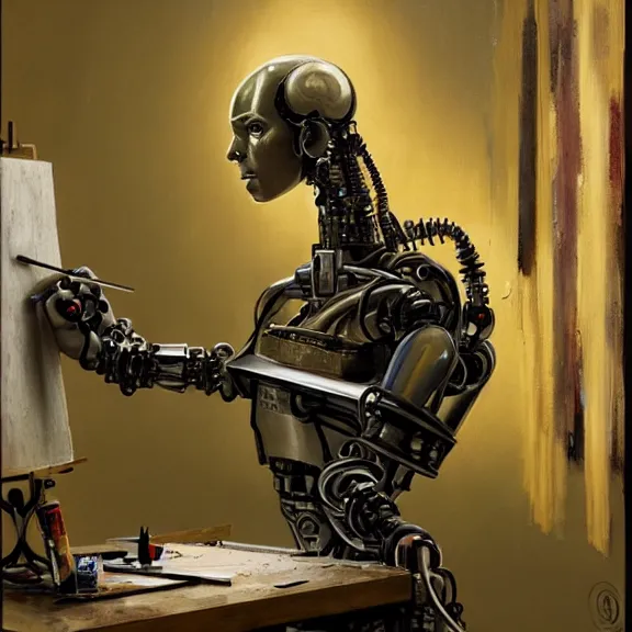 Prompt: robot artist painting a self - portrait on a canvas. intricate, highly detailed, photorealistic, film still, by greg rutkowski.