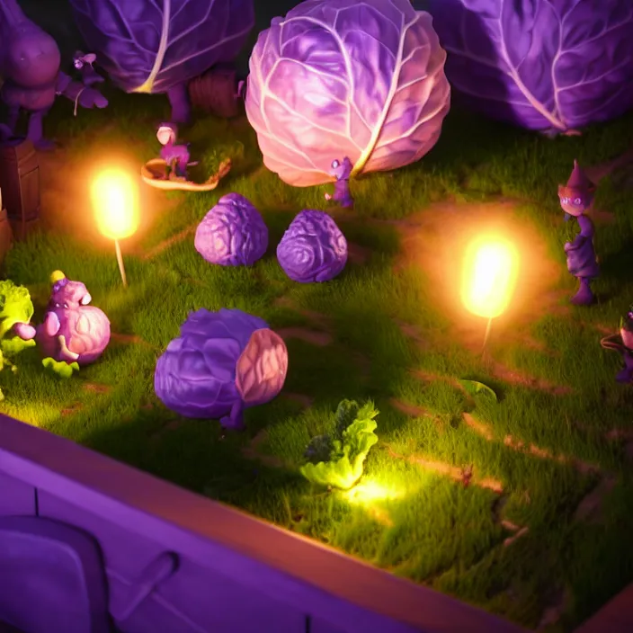 Image similar to high quality 3 d render very cute cabbages party! highly detailed, unreal engine cinematic smooth, moody purple glow light, low angle, uhd 8 k, sharp focus