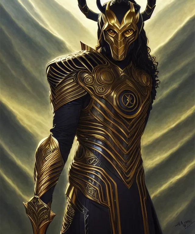 Image similar to Loki in armor, art nouveau, fantasy, intricate science designs, elegant, highly detailed, sharp focus, art by Artgerm and Greg Rutkowski and WLOP