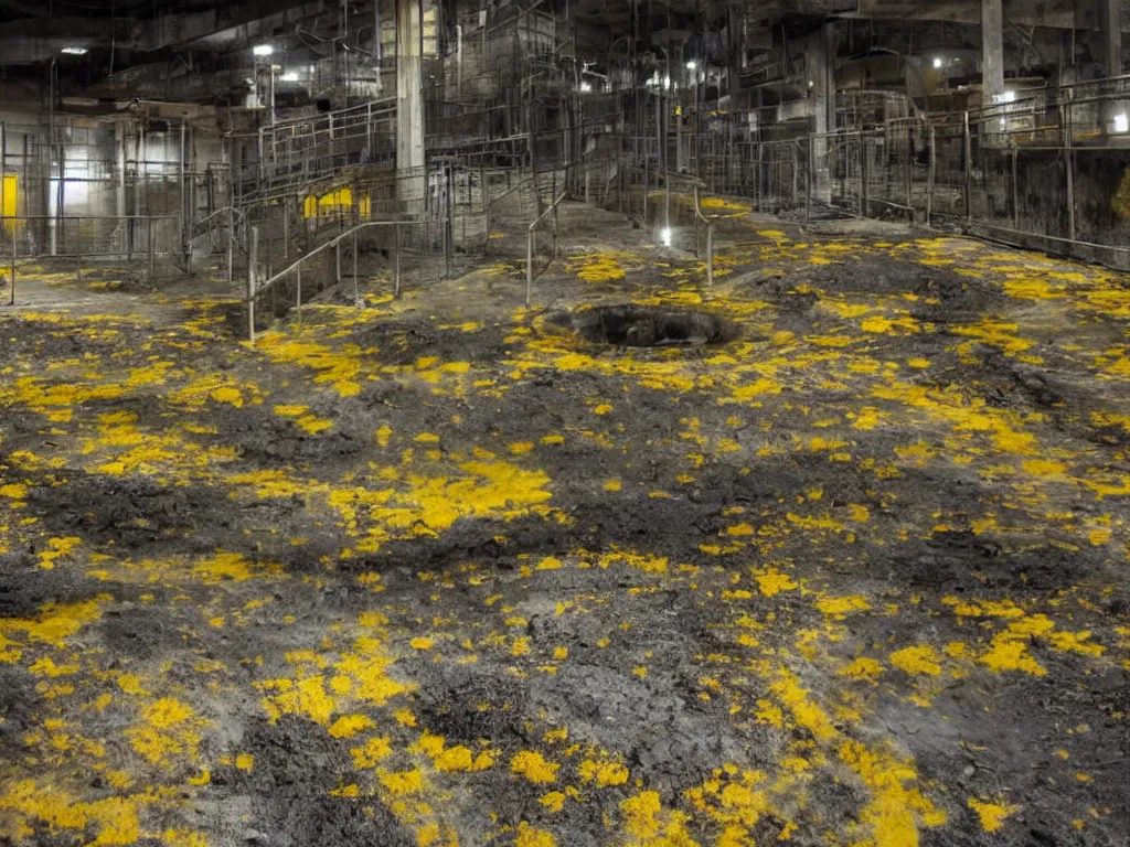 Image similar to photo of an underground waste facility, dark gloomy lighting, catwalks, yellow pools of sludge, rust