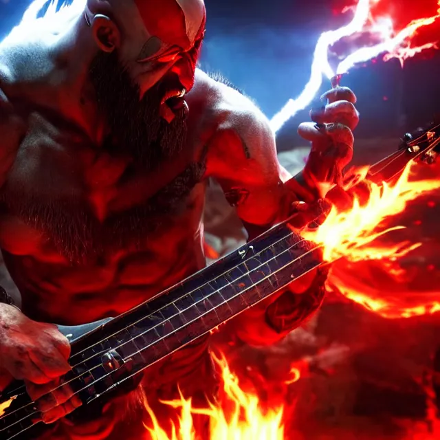 Image similar to glowing demon eyes kratos shredding on a flaming stratocaster guitar, cinematic render, god of war 2 0 1 8, santa monica studio official media, flaming eyes, lightning