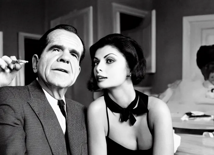 Prompt: Morena Baccarin and Richard Nixon doing Heroin, photograph by Harry Benson, 4K Studio photo