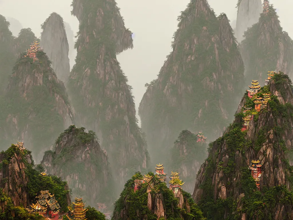 Prompt: the beautiful mountainous landscape of huangshan with buddisht and taoist temples on hilltops on a rainy day by gediminas pranckevicius