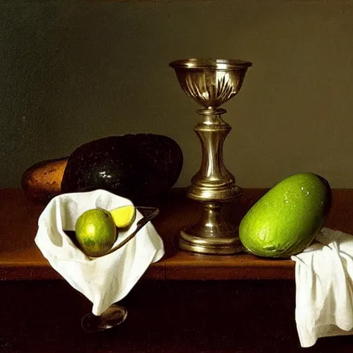 Image similar to still life by willem claesz heda, avocados, chalice, fly, linen, bread