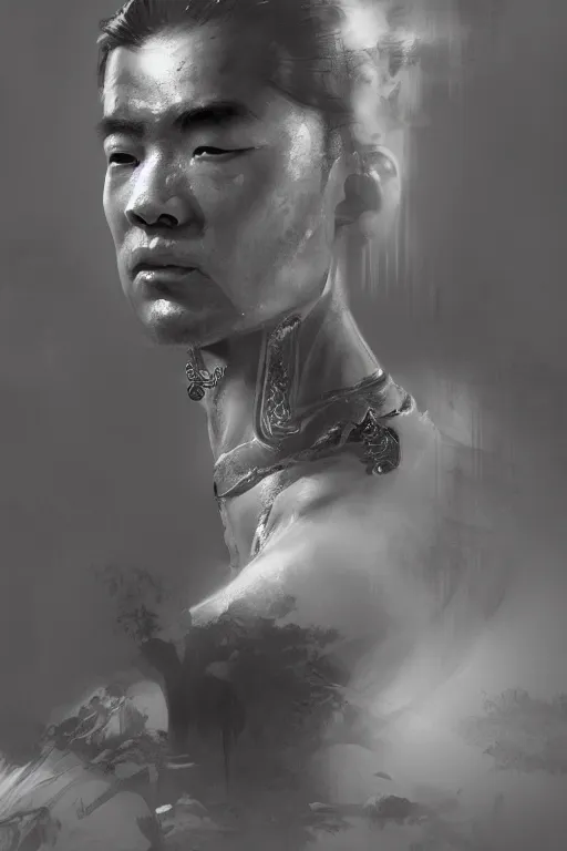 Prompt: chinese god, portrait, fierce, intricate, elegant, black and white volumetric lighting, scenery, digital painting, highly detailed, artstation, sharp focus, illustration, concept art, ruan jia, steve mccurry